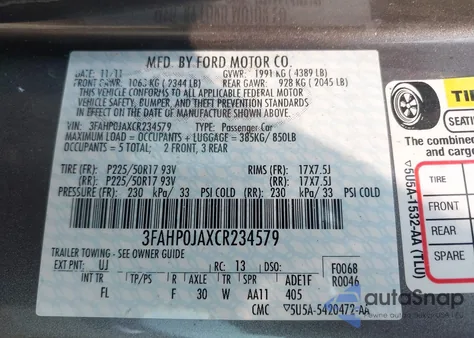 2012 Ford Fusion Sel z USA, uszkodzony, nr VIN 3FAHP0JAXCR234579
